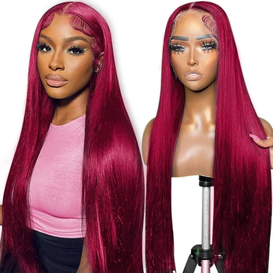 13x4 Burgundy Lace Frontal Wig Brazilian Virgin Human Hair Glueless 99J Straight Lace Front Human Wigs.