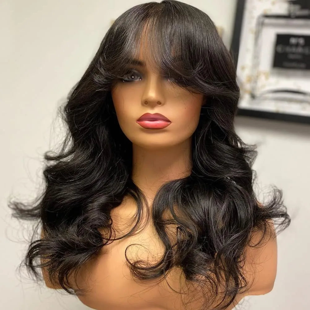 Perruque Bob Body Wave sans colle avec frange Wear&amp;Go Fringe Wavy Short Bob Wig Full Machine Made Brésilien Remy Human Hair Wigs 180%