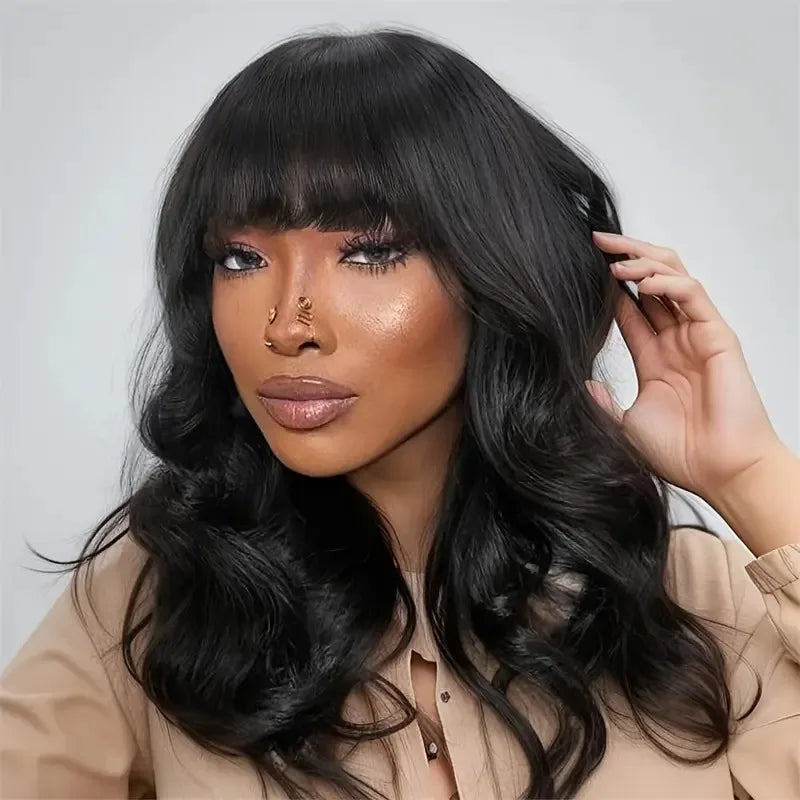 Glueless Body Wave Bob Wig with Bangs Wear&Go Fringe Wavy Short Bob Wig Full Machine Made Brazilian Remy Human Hair Wigs 180%