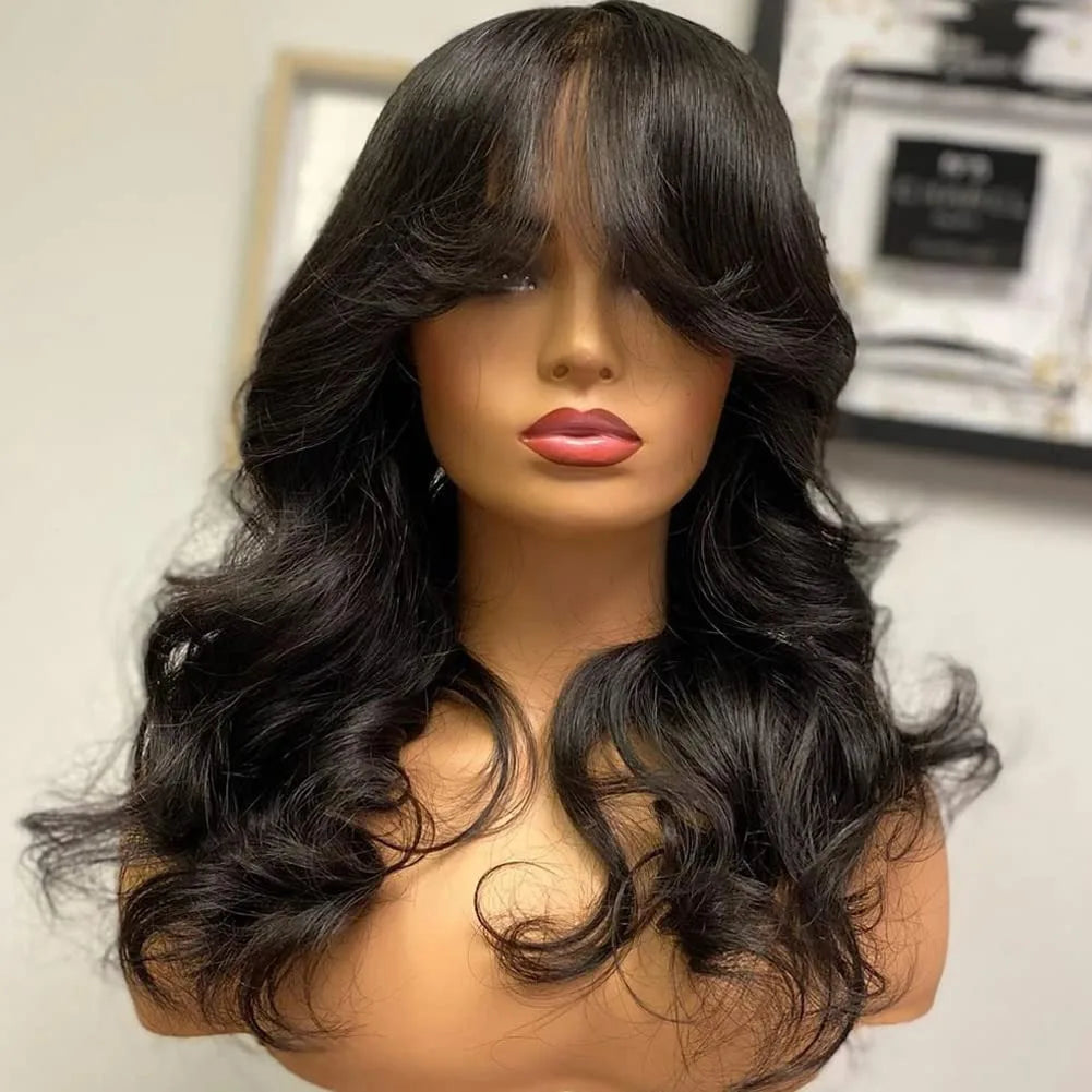 Glueless Body Wave Bob Wig with Bangs Wear&Go Fringe Wavy Short Bob Wig Full Machine Made Brazilian Remy Human Hair Wigs 180%