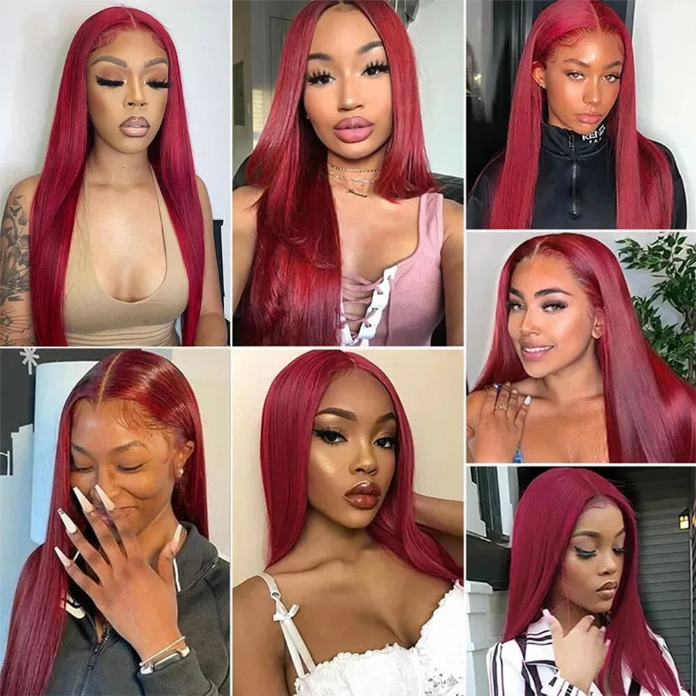 13x4 Burgundy Lace Frontal Wig Brazilian Virgin Human Hair Glueless 99J Straight Lace Front Human Wigs.