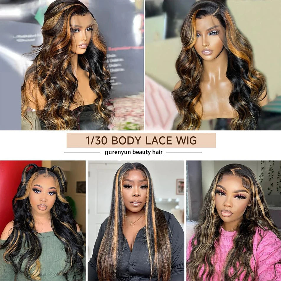 Ombre Highlight 13*4 Lace Front Wig Human Hair 1B/30 Black Brown Body Wave Wigs Transparent Lace Brazilian For Women 200%