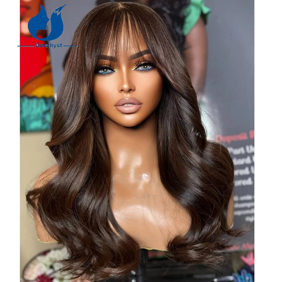 Amethyst Dark Brown Body Wave Human Hair Wig with Bangs Brazilian