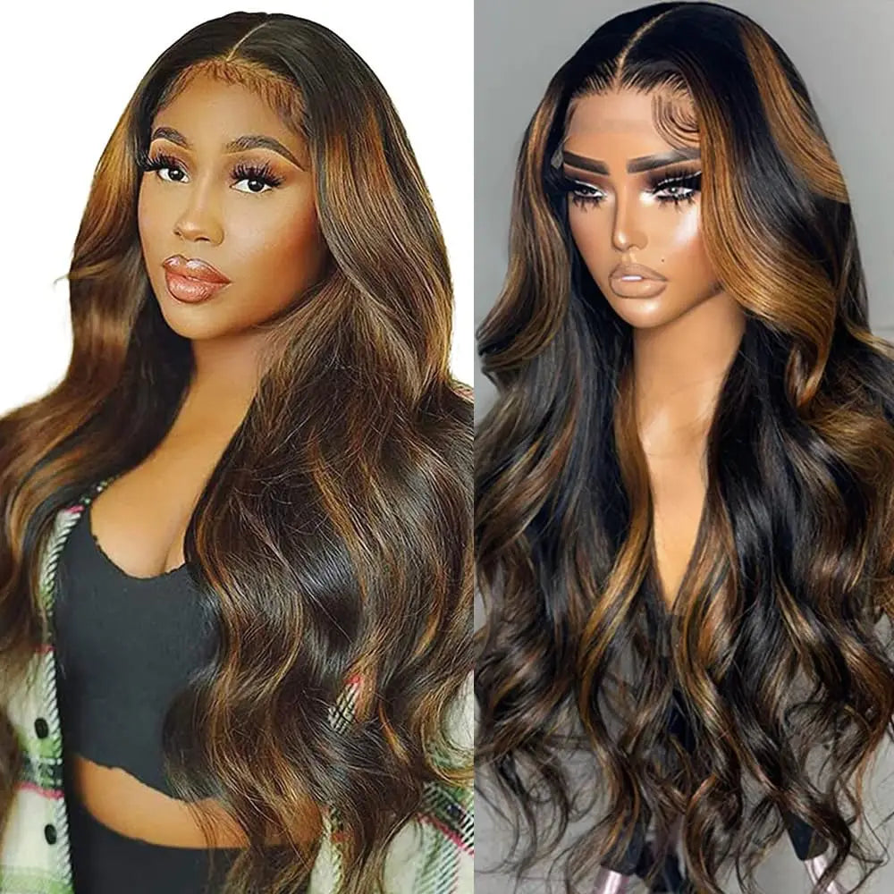 Ombre Highlight 13*4 Lace Front Wig Human Hair 1B/30 Black Brown Body Wave Wigs Transparent Lace Brazilian For Women 200%