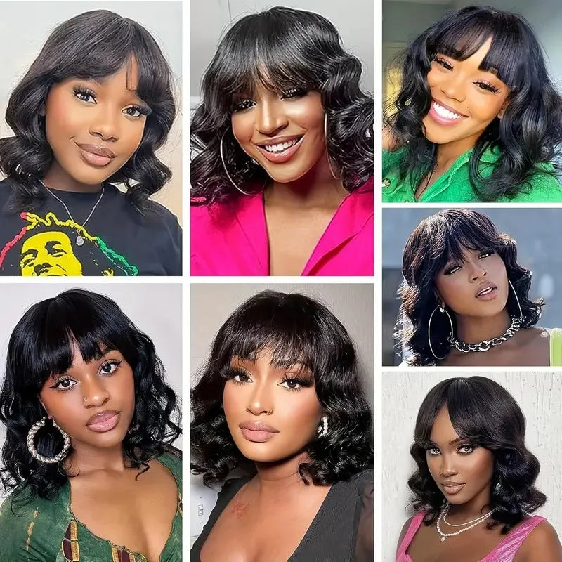 Perruque Bob Body Wave sans colle avec frange Wear&amp;Go Fringe Wavy Short Bob Wig Full Machine Made Brésilien Remy Human Hair Wigs 180%