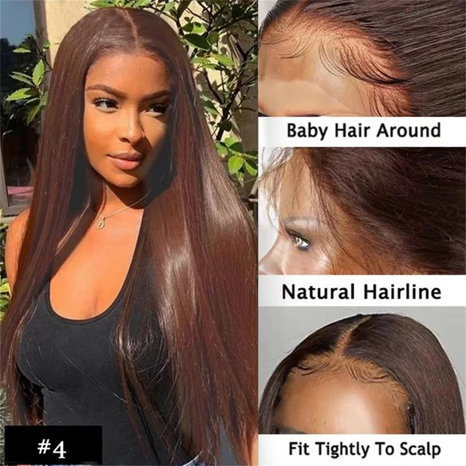 Chocolate Brown Straight Lace Front Wigs Human Hair Wig Glueless 13X4 Frontal Lace #4 Chestnut Color Peruvian Remy Hair