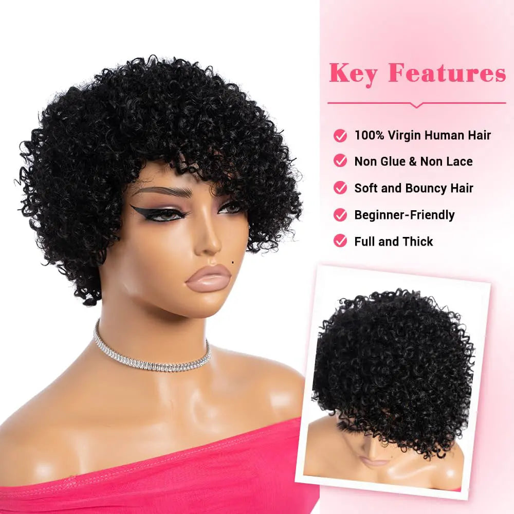 Kinky Curly Wigs Human Hair Side Part Afro Kinky Curly Wigs for Women Pixie Cut Curly Wigs Human Hair